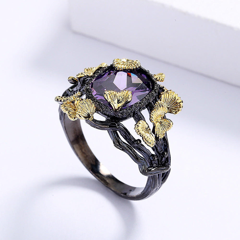 Womens Natural Stone Flower Ring Black Gold Plated Brass Jewelry Statement Durable High Quality Accessory Chic