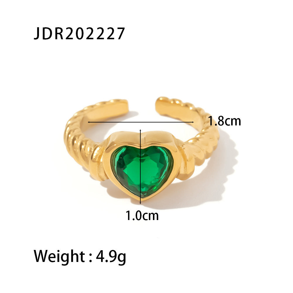 Womens Stainless Steel Ring With 18K Gold Plating Green Heart Inlaid Zircon Open End Geometric Love Jewelry Gem