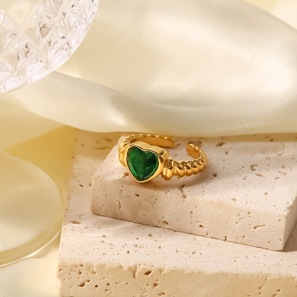Womens Stainless Steel Ring With 18K Gold Plating Green Heart Inlaid Zircon Open End Geometric Love Jewelry Gem