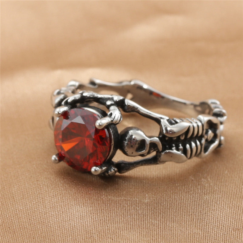 Titanium Steel Diamond Red Rock Ring Vintage Skull
