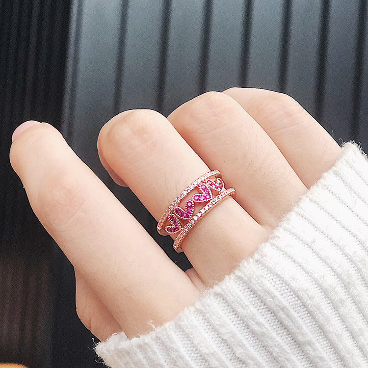 Rose Red Diamond Hollow Love Opening Ring Wide Version With Heart Shaped Design Micro Inlaid Zircon Jewelry For Women