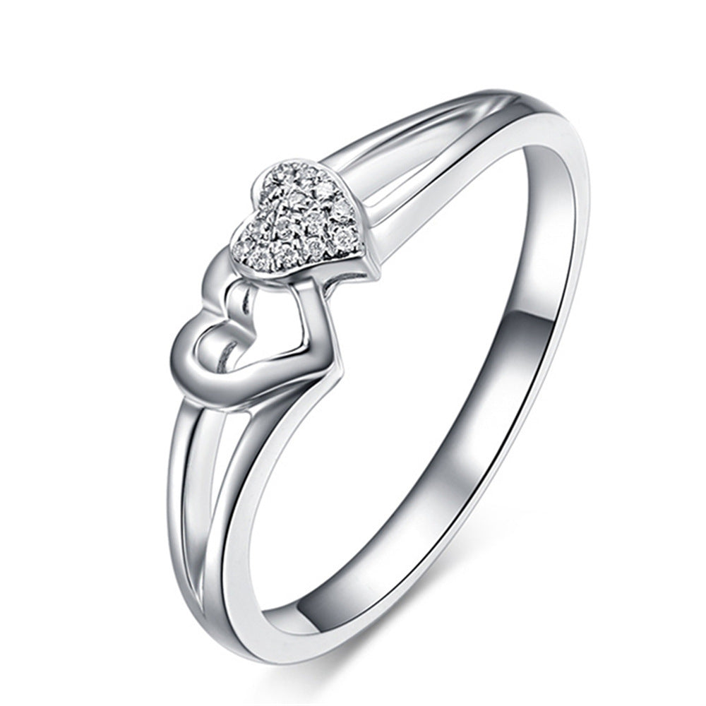 Unisex Adjustable Copper Heart Ring With Rhinestone Zircon Pairs And Hollowed Heart Ornament Starry Sky Design