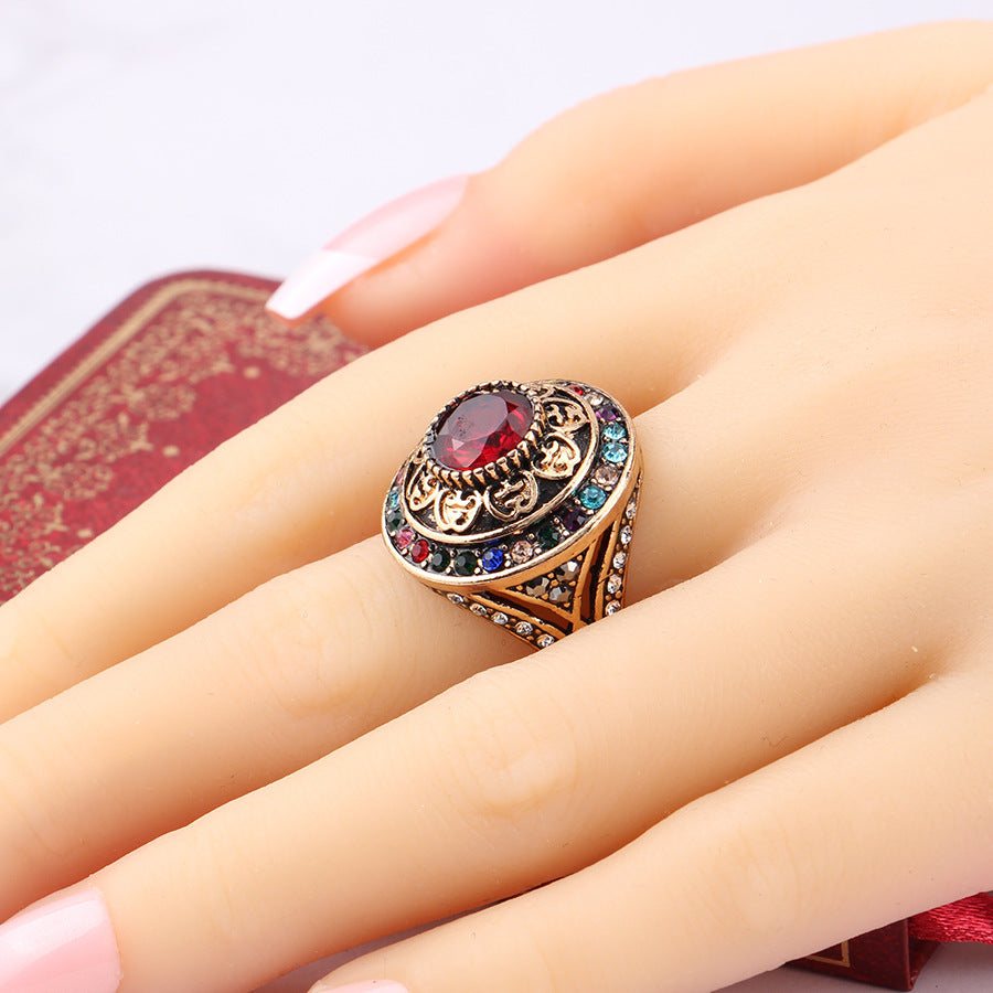 Womens Ring Retro Alloy With Artificial Gemstone Inlay Hollow Carved Design Gold Plated Ring For Women Natural