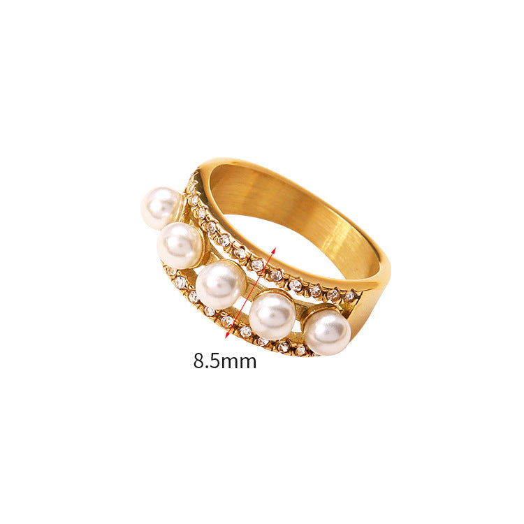 Womens Stainless Steel Ring With Pearl And Diamond Geometric Gold Ring For Her Gift Lovely Accessory For Women
