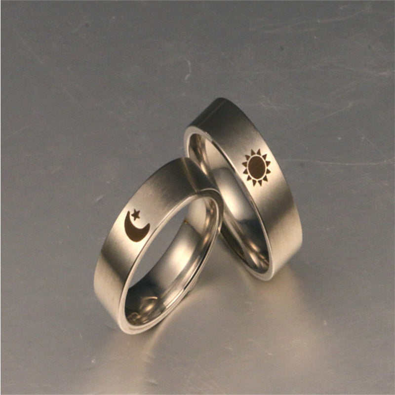 Couple Rings Handmade Titanium Steel Sun Moon Pattern Promise Bands for Men and Women Affordable Luxury Unisex