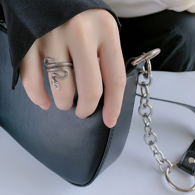 Unisex Copper Snake Ring Adjustable Multi Layer Winding Design Retro Silver Finish Distressed Look Statement Fashion