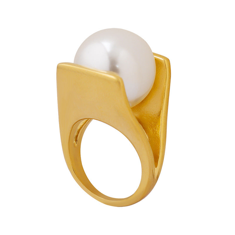 Women's Y-shaped Pearl Titanium Steel Plated 18K Gold Ring