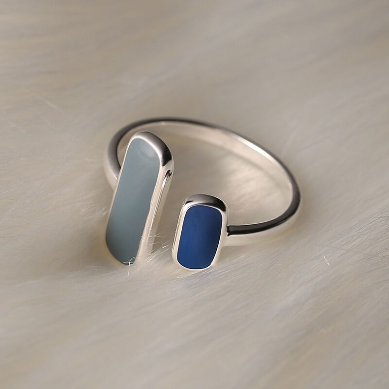 Womens Adjustable Copper Ring Korean Rectangular Geometric Epoxy Silver Tone Ring With Adjustable Opening Ring