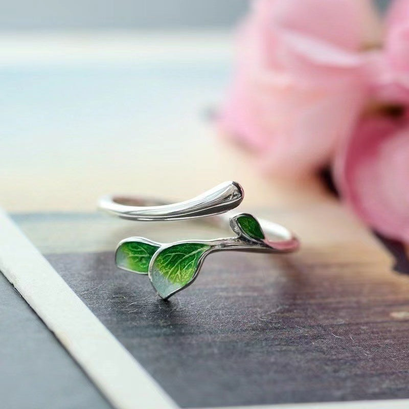 Unisex Adjustable Ring Electroplated Metal Enamel Branch Ring With Flower Design Live Mouth Ring Blue Greenish