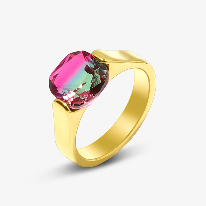 Womens Stainless Steel Ring With Tourmaline Inlay And Golden Gemstone Accent Fashion Jewelry Elegant Band Ring