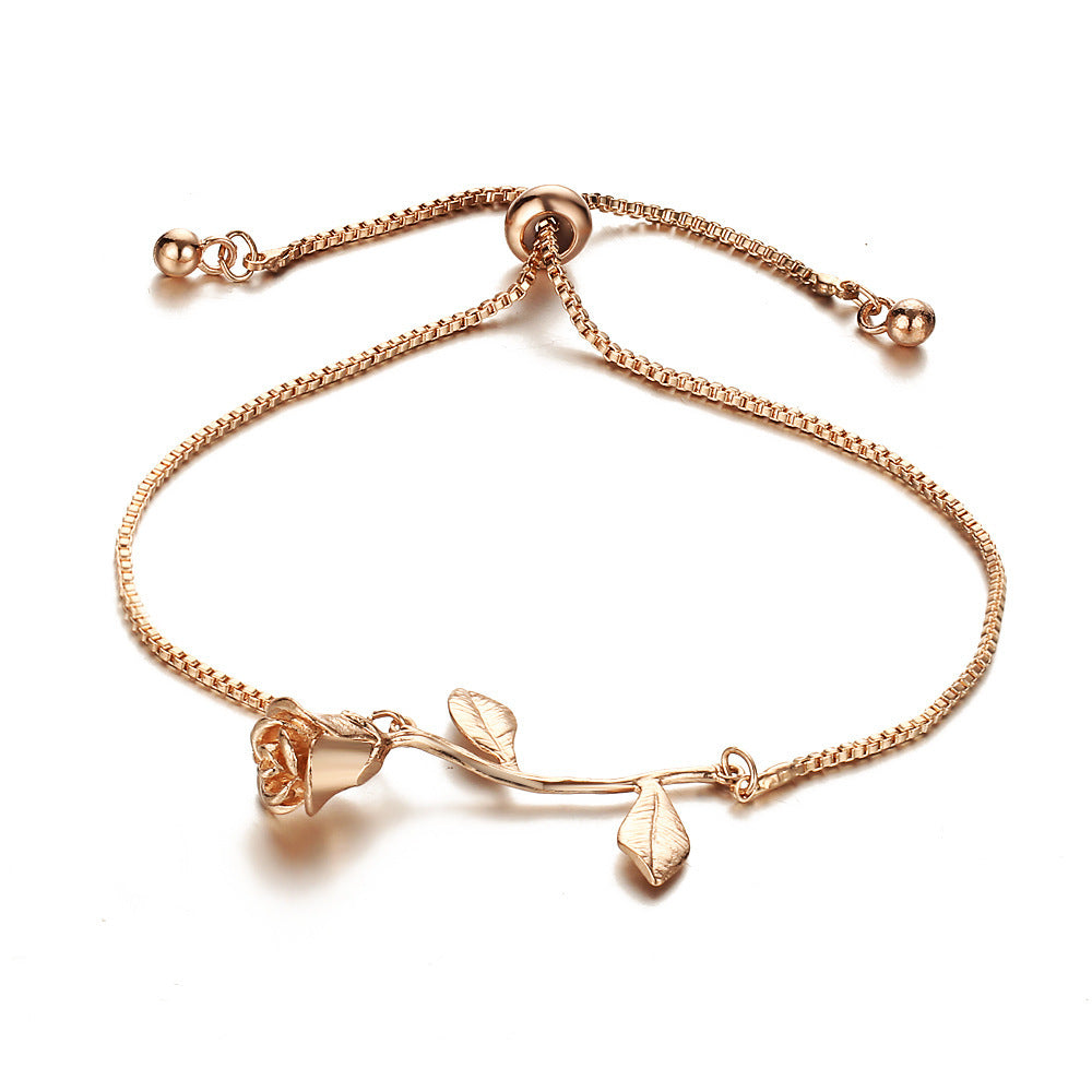 Womens Rose Bracelet Elegant Alloy Metal Electroplated Korean Design Bangle Delicate Rose Flower Adjustable Fashion