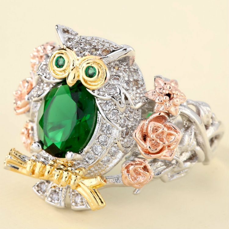 Copper Owl Ring With Green Zircon Inlay Unisex Jewelry Animal Zodiac Style Sizes 6 7 8 9 10 Birthday Gift Elegant
