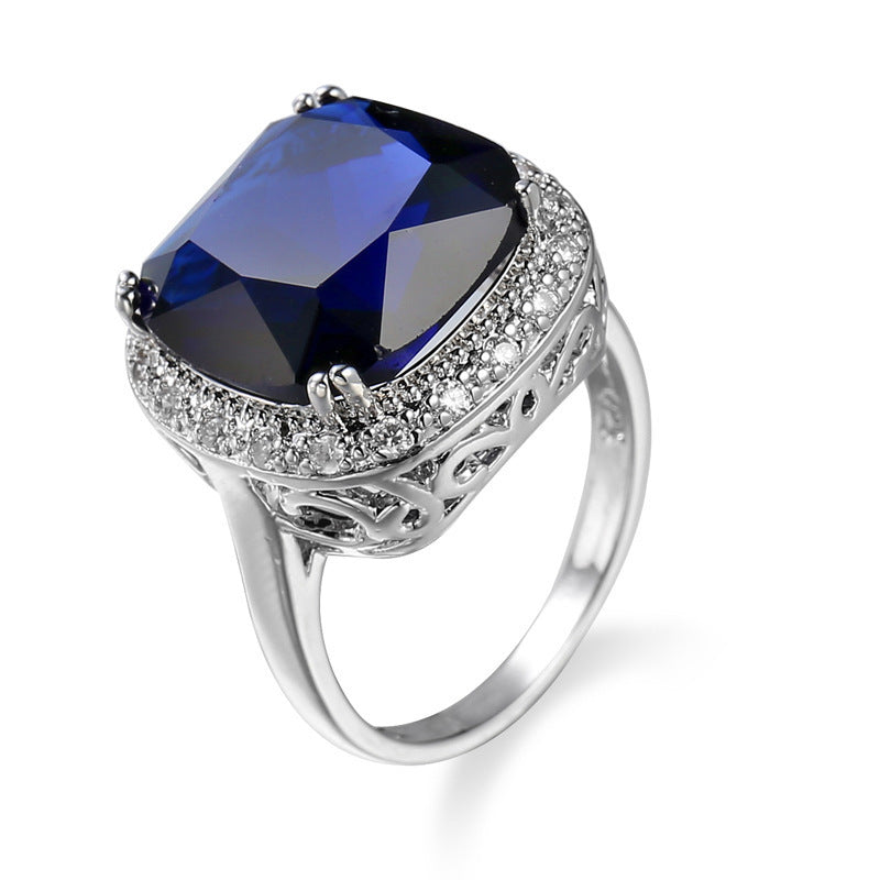 Zircon Ring Women Sapphire Blue Copper Geometric Electroplated Fashion Statement Jewelry Gift For Her Gift Gift