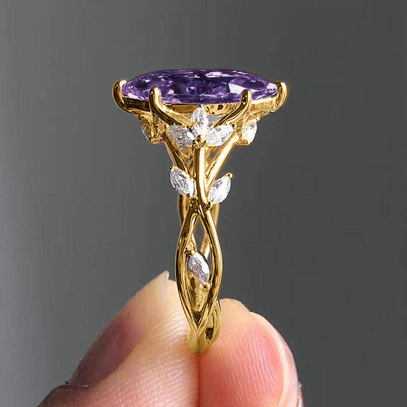 Zircon Ring Female Court Leaf Vine Design Inlaid Zircon Copper Band Leaves White Blue Red Green Purple Size Six