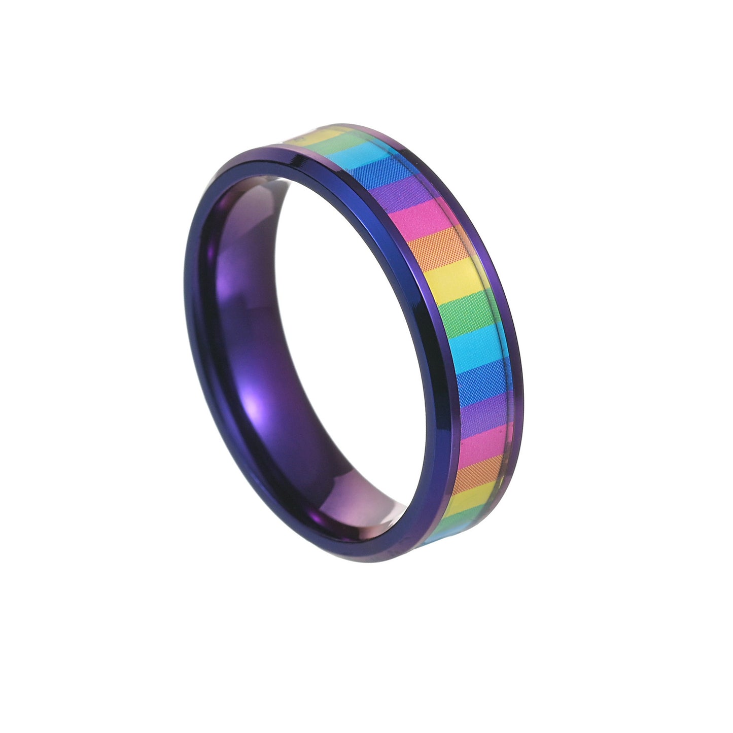 Mens Titanium Steel Rainbow Ring Geometric Electroplated Band Jewelry Silver Purple Finish 6mm Width Gift Ready