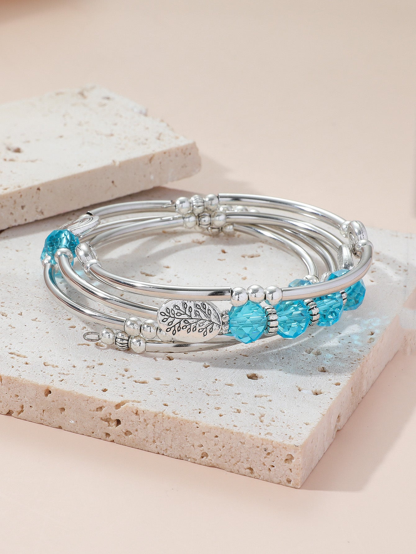 Womens Copper Tube Beads Bracelet With Crystal Leaves And Love Design Alloy Metal Bangle Jewelry Fashion Shine