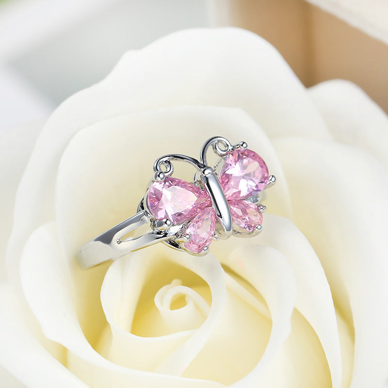 Pink Zircon Butterfly Ring Platinum Plated Copper Elegant Dainty Fashion Jewelry Sparkling Chic Accessory Gift