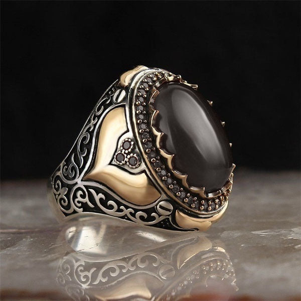 Mens Vintage Geometric Alloy Ring With Artificial Gemstone Inlay Engraved Design Ring For Men Alloy Retro Look