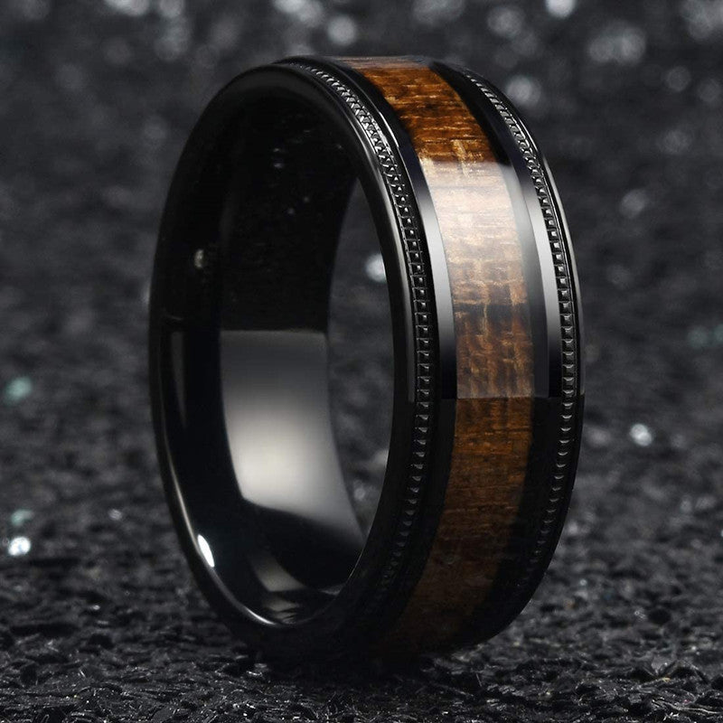 Mens Stainless Steel Ring With Wood Grain Design And Geometric Inlay Black Band Durable Gift For Him Gift Ready