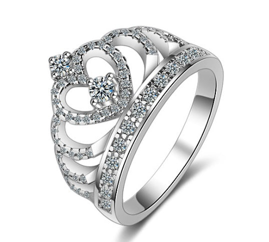Princess Style Cubic Zirconia Hollowing Heart Silver Rose Gold Crown Ring Jewelry for Party Engagement Wedding