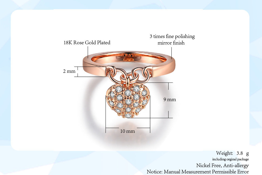 Women Heart Pendant Ring Zircon Inlaid Copper Jewelry Gift
