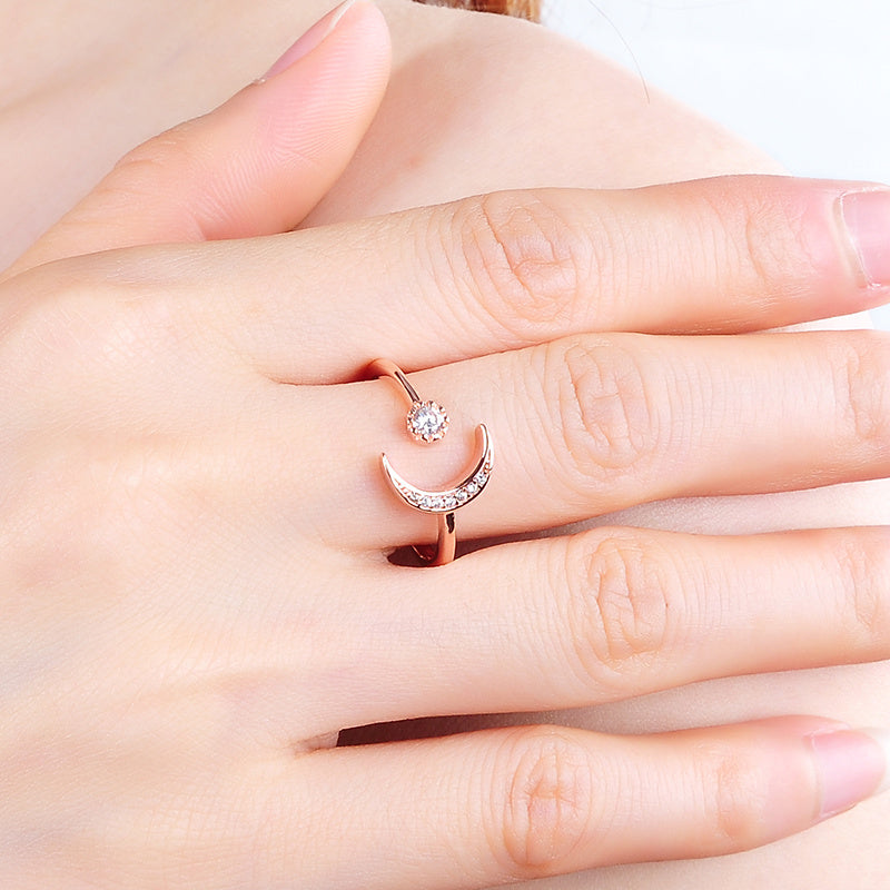 Adjustable Stars Moons Ring Polished Mosaic Design S925 Silver Celestial Jewelry Everyday Ring For Women Girls