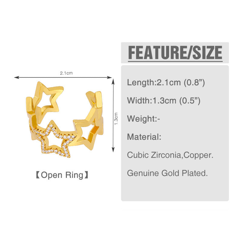 Womens Star Diamond Ring Adjustable Open Gold Plated