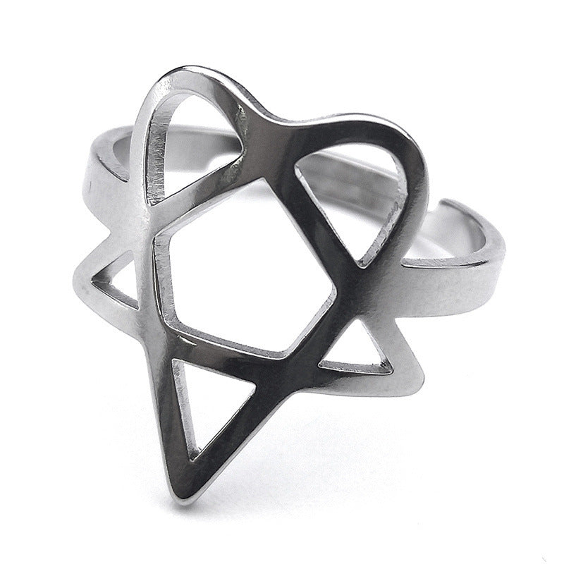 Unisex Stainless Steel Ring with Hollow Pentagram Geometric Design for Fashion Ornament and Style Satin Finish