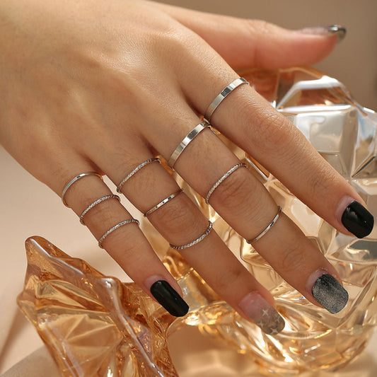 Womens Thin Ring Set Electroplated Metal Rings Trendy Minimalist Stackable Fashion Jewelry 10 Piece Set Of Ten