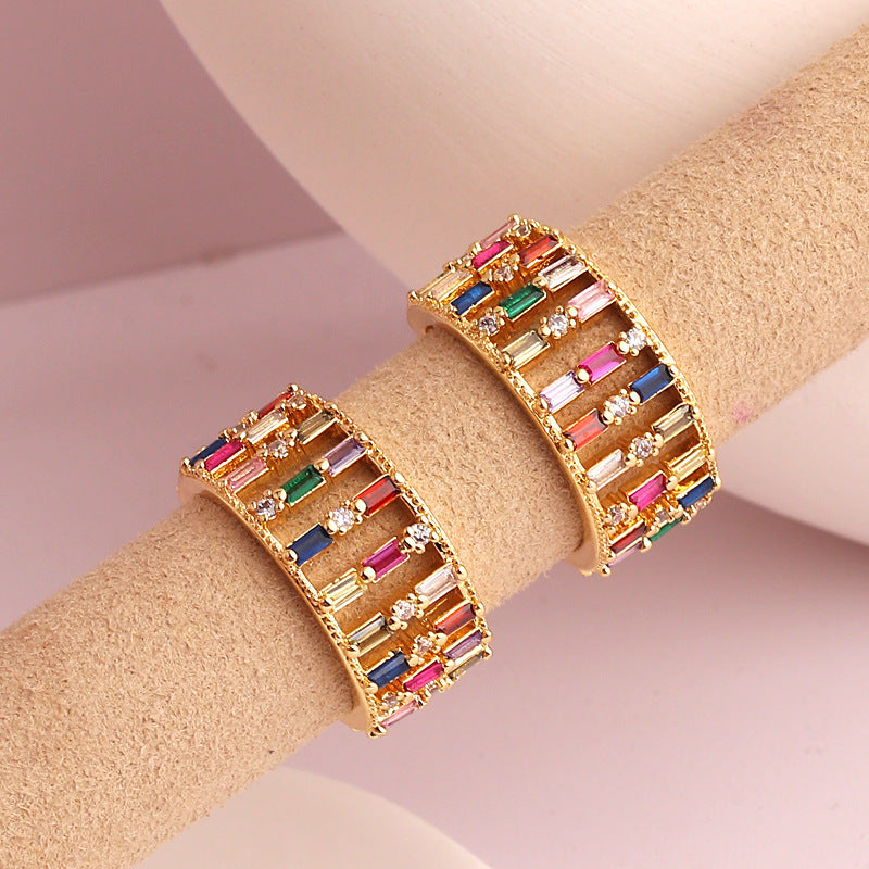 Womens Ring with Multicolor Zircon Diamond Color Ornament Wide Band Hand Decoration Adjustable Opening Geometric Copper Ring for Fashion Women