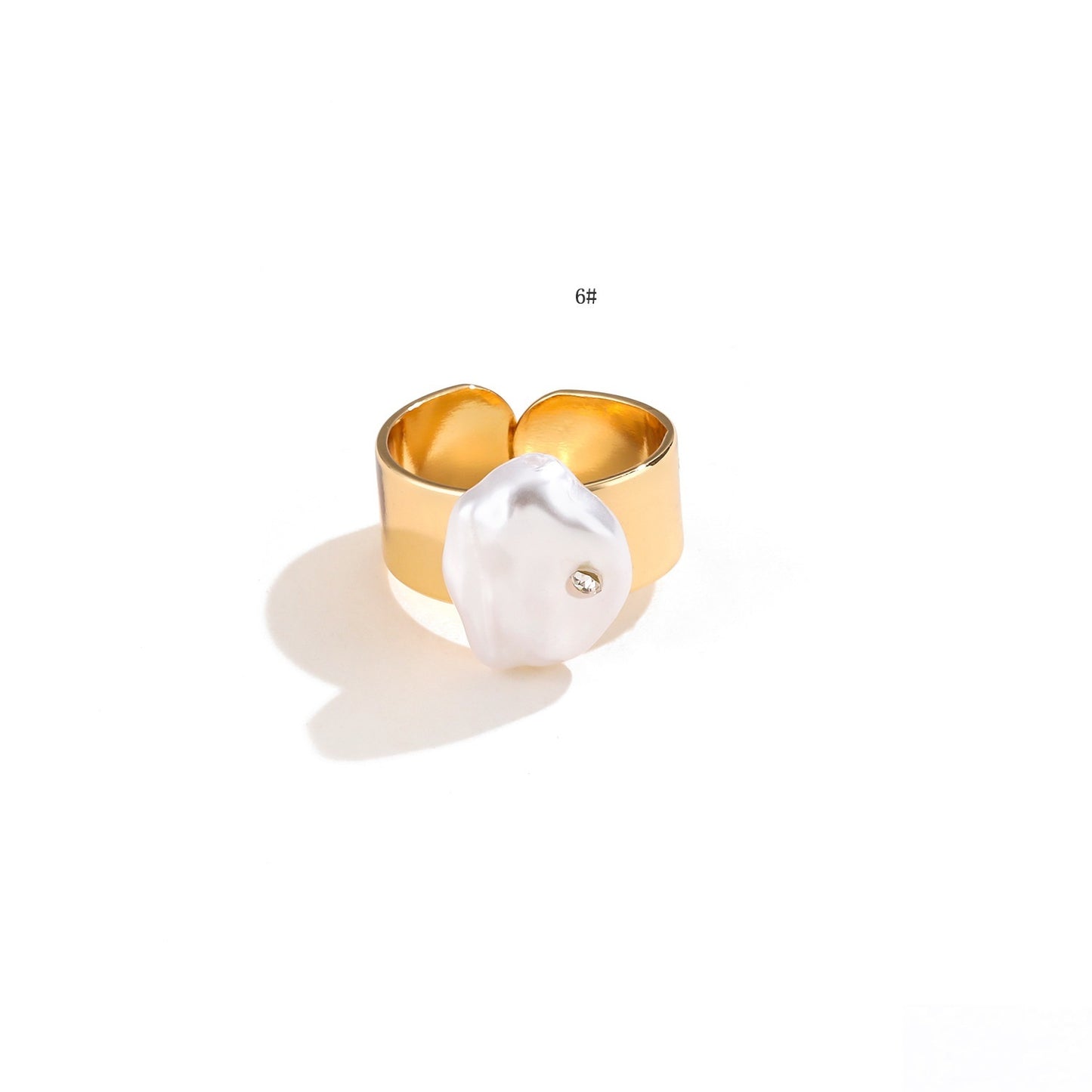 Copper Plated Gold Baroque Pearl Diamond Studded Ring For Women Open Mouth Geometric Style Jewelry Gift Jewels