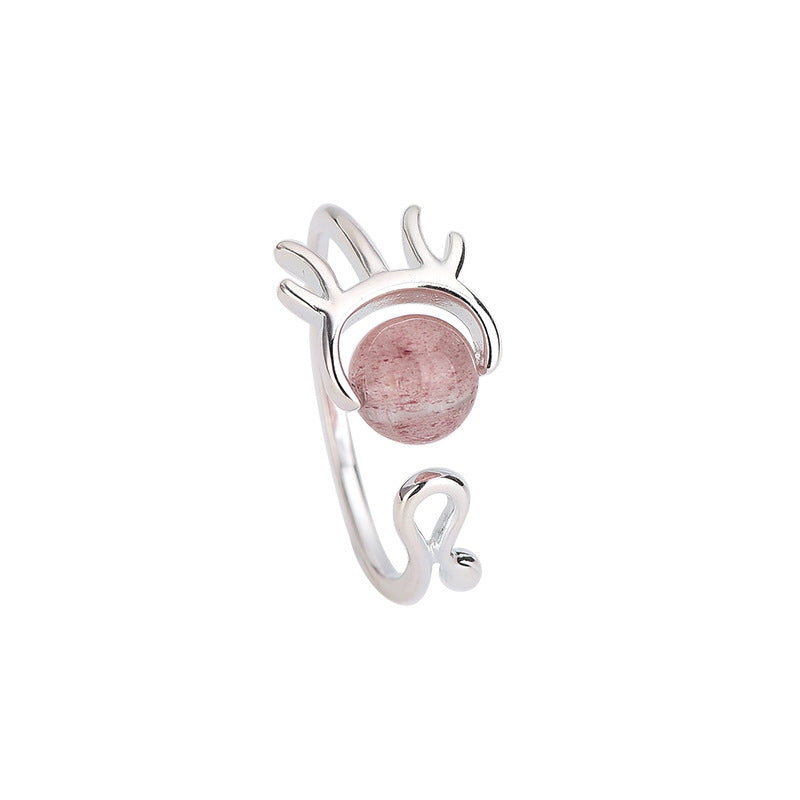 Sterling Silver Ring Korean Strawberry Crystal Antler Design Adjustable Open Ring For Women And Girls Gift Set