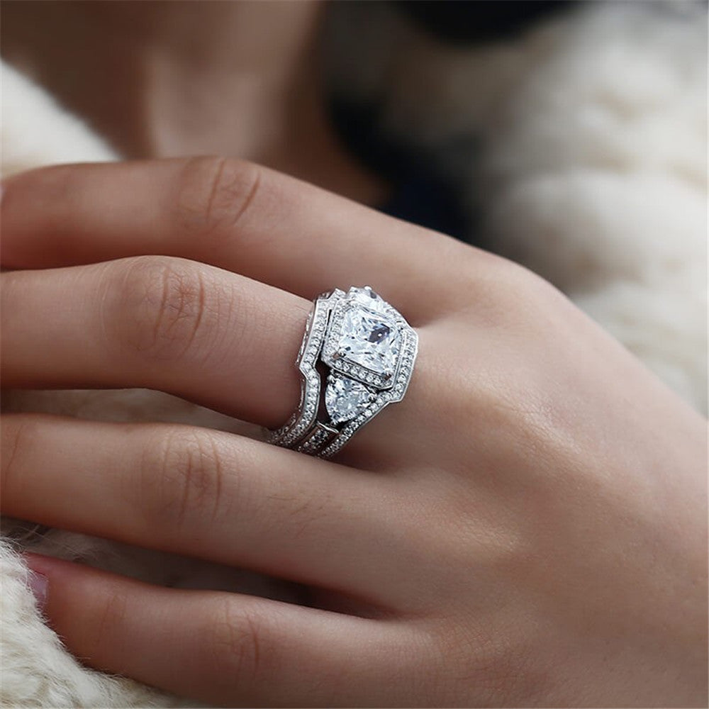 Womens Three Stone Alloy Engagement Ring With Vintage Inspired Anniversary Band Elegant Sparkling Jewelry Gift