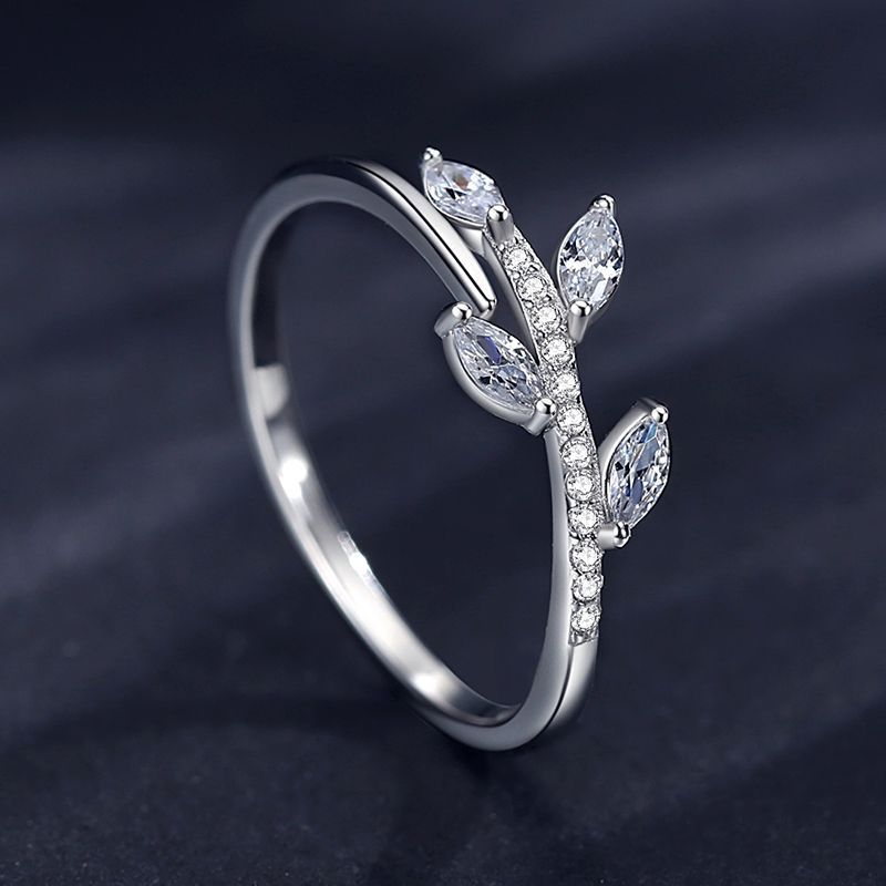 925 Sterling Silver Ring Korean Leaf Design Zircon Branches And Leaves Electroplated Finish Birthday Present925