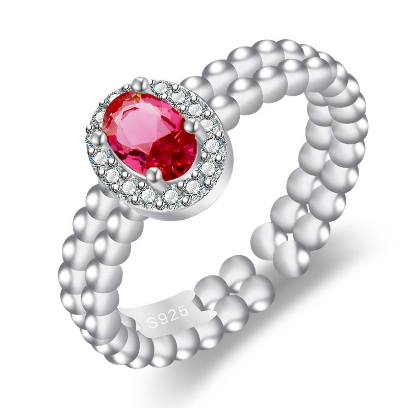 Adjustable Copper Ring With Inlaid Red Stone Geometric Design