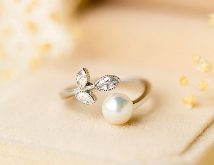 Open Silver Ring Adjustable With Leaf Design Beaded Detailing Korean Fashion Ring For Women And Girls StyleKey