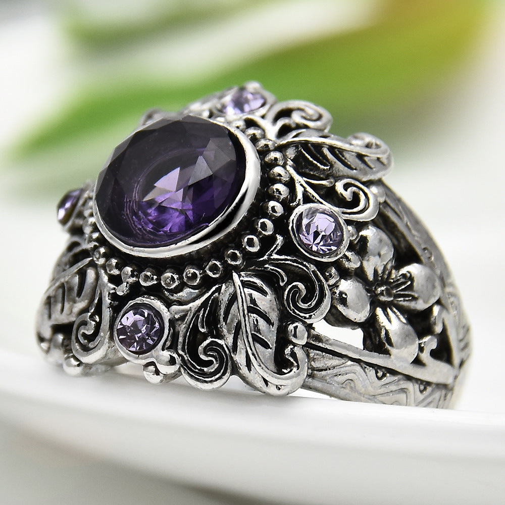 Amethyst Ring Silver Flower Design Retro Thai Style Carved Metal Jewelry For Women And Girls Everyday Wear Gift
