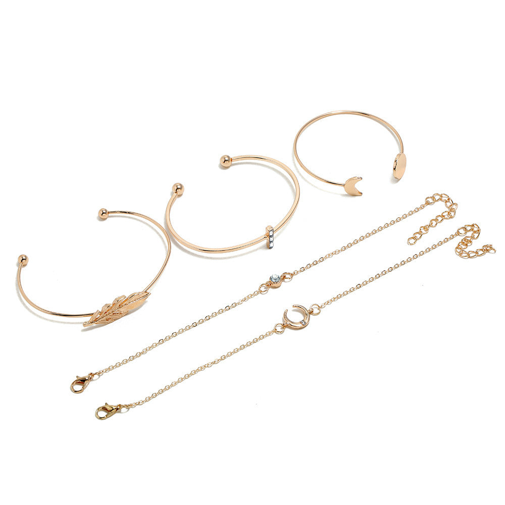 Womens Vintage Bracelet Set Crescent Feather and Leaf Design Rhinestones Crystal Inlay Zinc Alloy Jewelry Ring