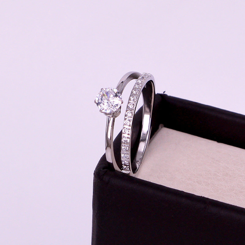 Womens Titanium Steel Ring Double Layer Zircon Inlaid Diamond Electroplated Elegant FashionJewelry Gift Durable