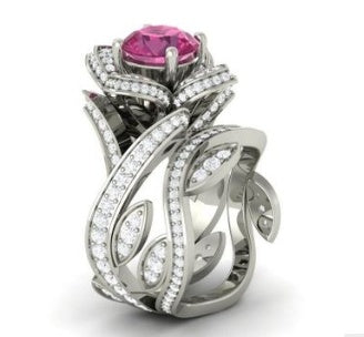 Womens Rose Zircon Floral Ring Copper Silver Plated Artificial Gemstone Inlay Elegant Fashion Jewelry Chic Gift