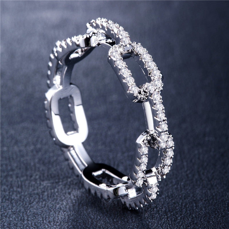 Zircon Inlaid Lock Chain Ring Gold Plated Copper Geometric