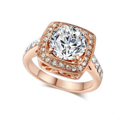 Womens Rose Gold Plated Ring With Micro Inlaid Zircon Geometric Design Elegant European American Accessory Jewelry