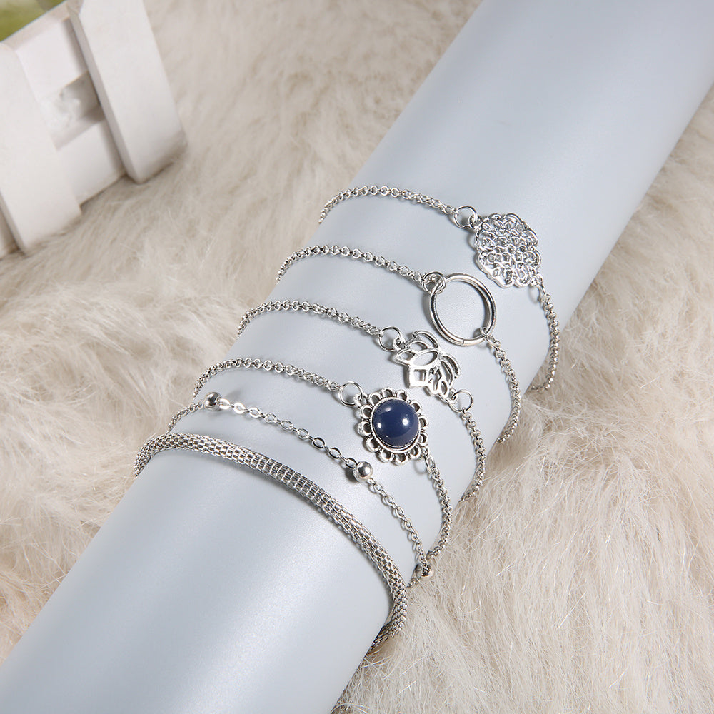 Bracelets Set 6 Pcs Lotus Flower Bead Alloy Chain Bracelets Trendy Round Stone Accents Elegant Fashion Jewelry