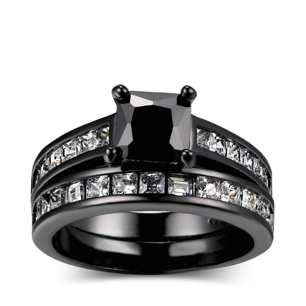 Unisex Geometric Ring With Zircon Inlay Alloy Band Gold Black Finish European American Style Jewelry For Women