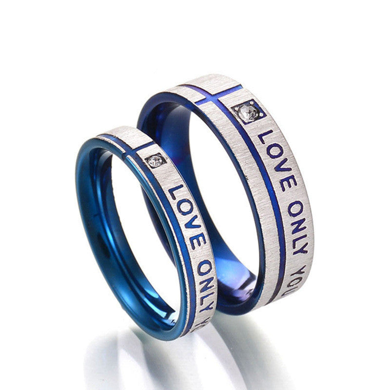 Stainless Steel Couples Rings Set For Him And Her Blue Plated With Diamond Love Engraving Simple Geometry BandsPro