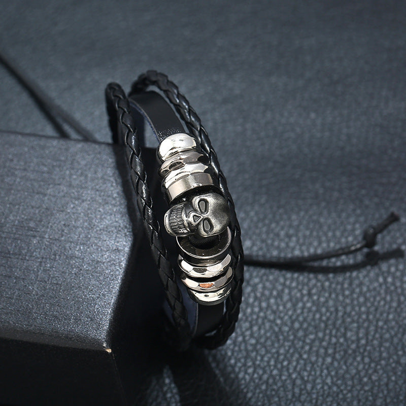 Mens Leather Bracelets With Beaded Skull And Geometric Design Adjustable Drawstring Closures Cowhide Wristband