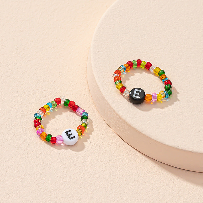 Beaded Letter Initial Ring For Ladies And Men Resin Alphabet Trendy Korean Geometric Ethnic Retro Jewelry Gift