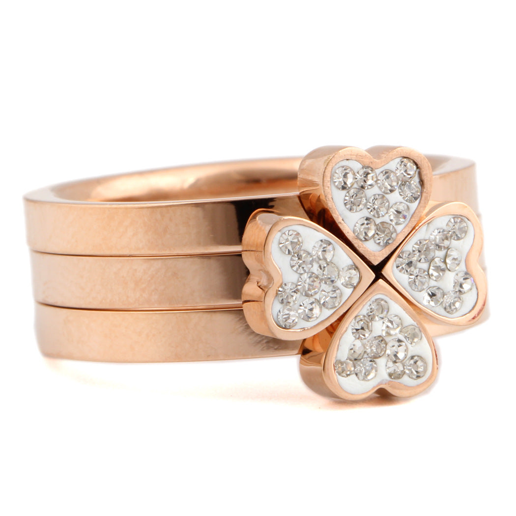 Titanium Steel Leaf Ring Set Three Color Stitching Rhinestones Geometric Inlay Jewelry Gift For Women Gold Rose Gold