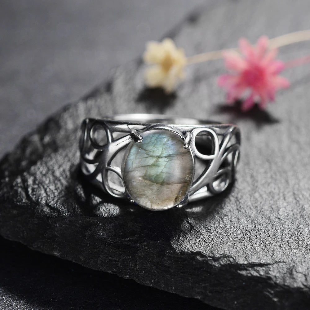 Women's Retro Ring with Natural Gemstone Hollow Pattern Copper Band Statement Ring for Her Vintage Inspired Jewelry Gift US Size 6 7 8 9 10