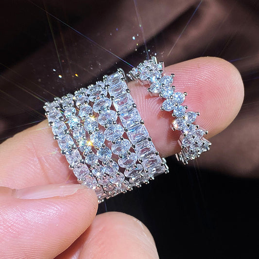 Womens Zircon Inlaid Ring Silver Plated Copper Base Full Circle Elegant Dainty Fashion Jewelry For Daily Use